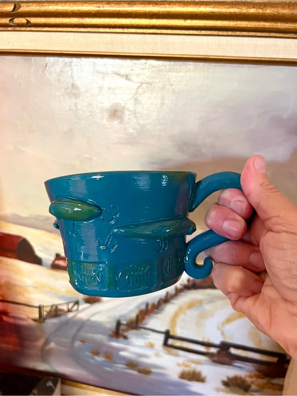 Vintage Handmade Hand Thrown Pottery Fathers Day Fishing Lure Mug